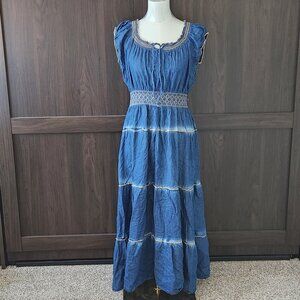 Anthropologie | Dresses | Lapis Dress Womens Xl Chambray Denim Milkmaid  Tiered Smocked Western Cowgirl | Poshmark